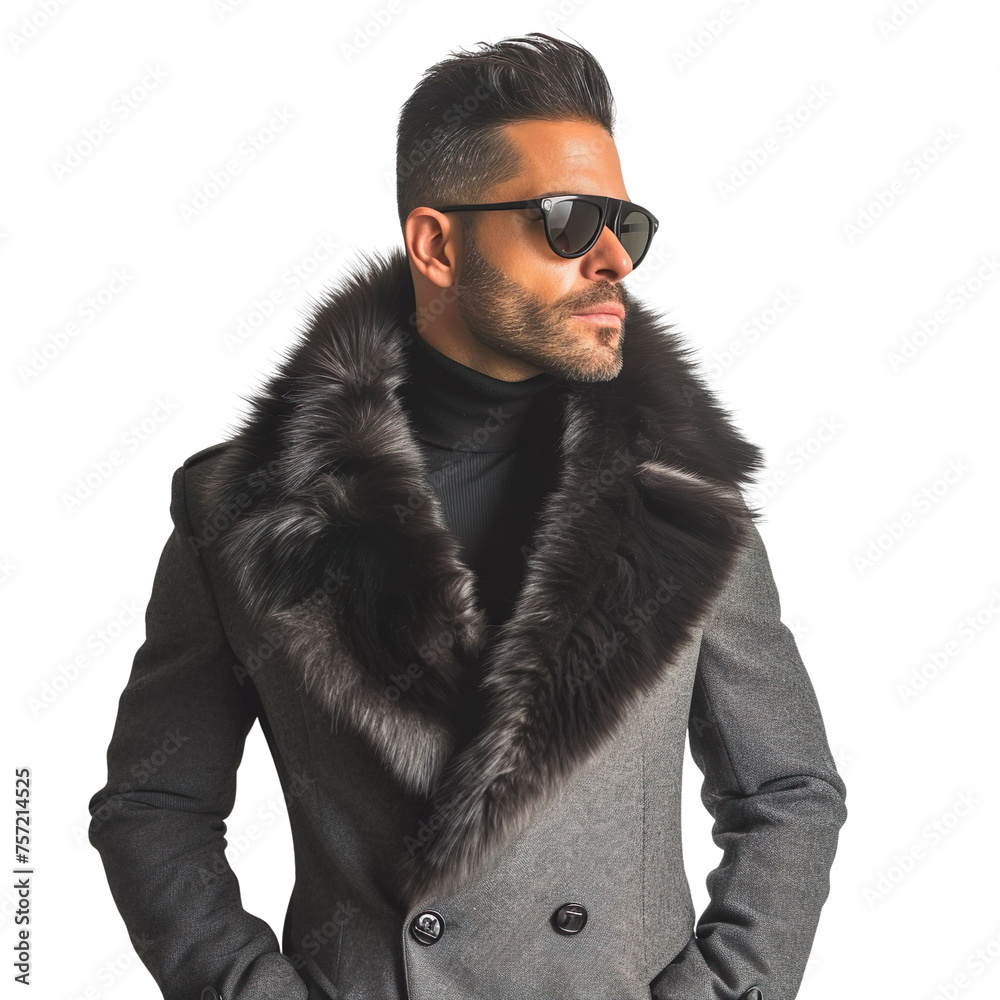 Front view mid body shot of a stylish male Latin model wearing a fur-trimmed overcoat, paired with sleek sunglasses on a white transparent backdrop Front view mid body shot of a stylish male Latin model wearing a fur-trimmed overcoat, paired with sleek sunglasses on a white transparent backdrop
