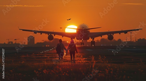 Couple walking towards an airplane at sunset in a field of flowers.