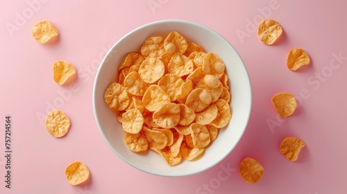 Cornflakes in a white bowl against a soft pink background with some flakes outside.