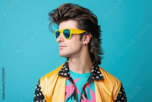 Man with 80s style clothes and mullet haircut, nostalgia concept.
