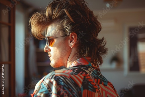 Man with 80s style clothes and mullet haircut, nostalgia concept.