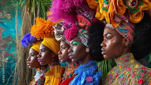 a group of women wearing colorful head wraps