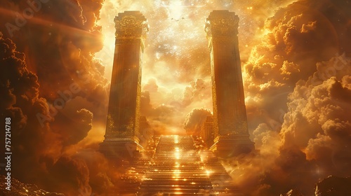 Two golden massive pillars, one of purest marble and the other of gold, stand as the entrance to The Pillars of Ascension Gateway. 