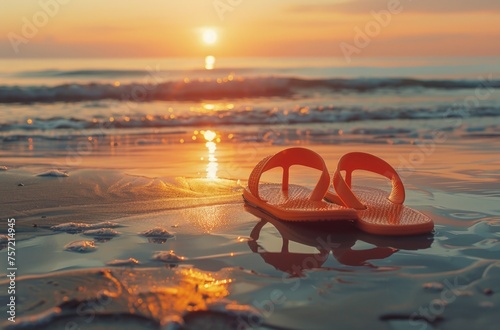 Orange flip flops on the beach at sunset and beautiful sea in the background, summer concept.