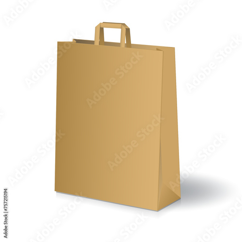 Shopping bag Mockup. Blank brown kraft paper shopping bag or gift bag with flat handles mockup template. Isolated on white background. Ready to use for branding design. Vector illustration.