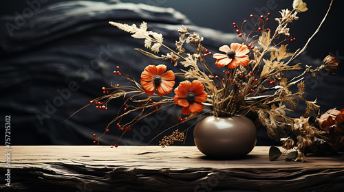 Nature-inspired decor: Decorative elements with a nature theme. eramic vase with flowers and plants on a stone surface on dark background. photo