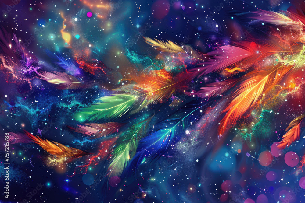 Bright abstract cosmic background with celestial feathers Bright abstract cosmic background with celestial feathers