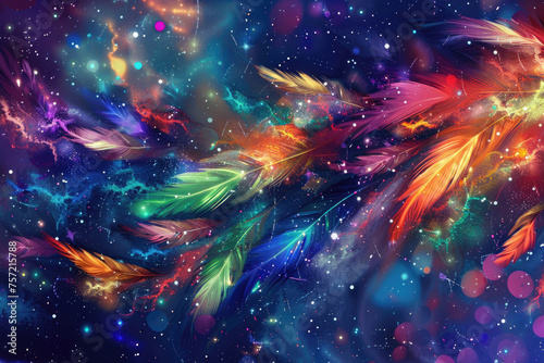Bright abstract cosmic background with celestial feathers