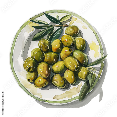 Watercolor plate with olives. Olives laid out on dishes. Hand watercolor. Green olives, leaves and olive branch. Vector illustration. photo