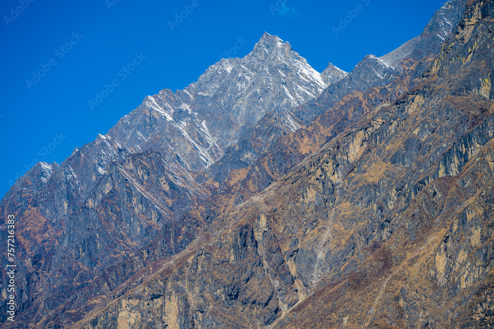 Imposing Rock Faces of the Langtang Mountains on the Mundu to Kyanjin Gompa Trek, Nepal