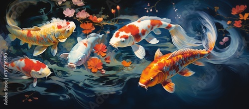 A beautiful painting depicting a group of electric blue koi fish swimming gracefully in a tranquil pond, showcasing their colorful fins and tails underwater