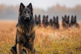 Majestic German Shepherd Sitting in a Field with Blurred Pack Members in the Background