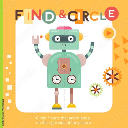 Robot activities for kids. Find the missing piece for picture. Vector illustration. Matching game. Square page for Activity Book.