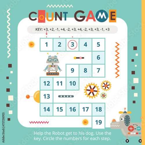 Robot  activities for kids. Count game with number key. Vector illustration. Math game. Square page for Activity Book.