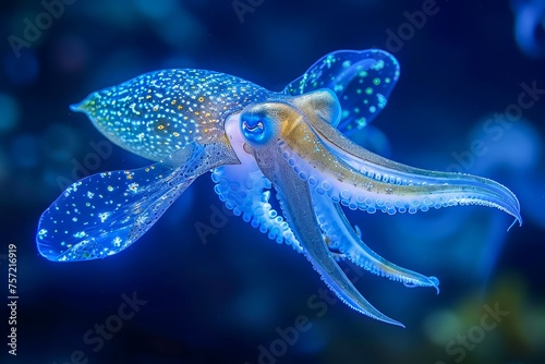 Bioluminescent Squid Glowing Underwater in a Mesmerizing Display of Blue Neon Lights in the Ocean's Depths, Marine Wildlife Photography