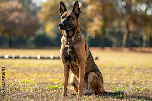 Alert German Shepherd Dog Sitting in Sunlit Park, Looking Attentive and Loyal, Nature Background