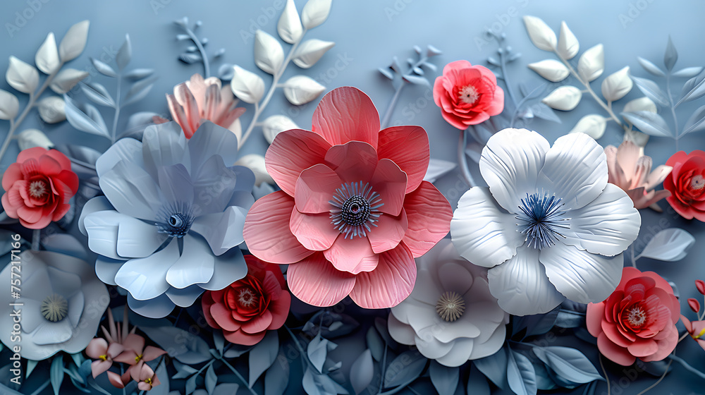 Festive Floral Arrangement, Vibrant Paper Cut Flowers in Botanical Art 3D Render, Colorful Celebration Decoration, Handmade Flower in Background Design. Festive Floral Arrangement, Vibrant Paper Cut Flowers in Botanical Art 3D Render, Colorful Celebration Decoration, Handmade Flower in Background Design.