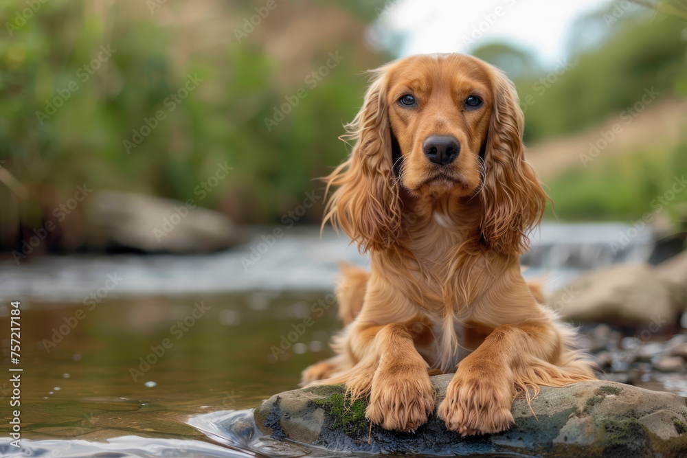 Adorable Golden Cocker Spaniel Sitting on a Rock by the Stream in Natural Outdoor Setting