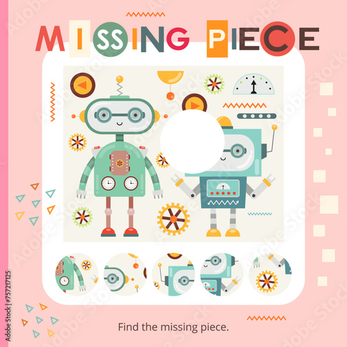 Robot activities for kids. Find the correct  missing piece for picture. Vector illustration. Matching game. Square page for Activity Book.