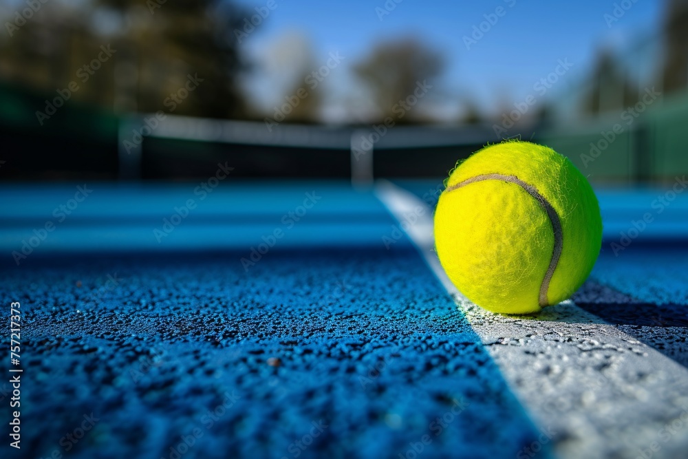 a tennis ball on a blue court