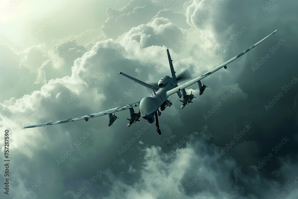 Unmanned Military Drone in the Sky through clouds. Combat Air Vehicle as modern weapons for war presentation. Unmanned Military Drone in the Sky through clouds. Combat Air Vehicle as modern weapons for war presentation.