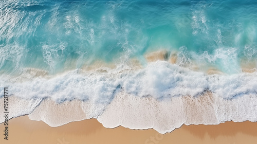 Aerial top view of beautiful tropical white sand beach. Summer seascape beautiful waves  blue sea water in sunny day. Top view from drone.