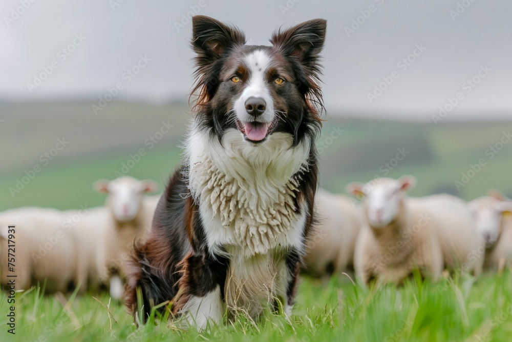 Alert Border Collie Dog in Green Field with Sheep Herd, Working Canine on the Farm, Shepherding Dog in Rural Landscape, Animal Husbandry Concept
