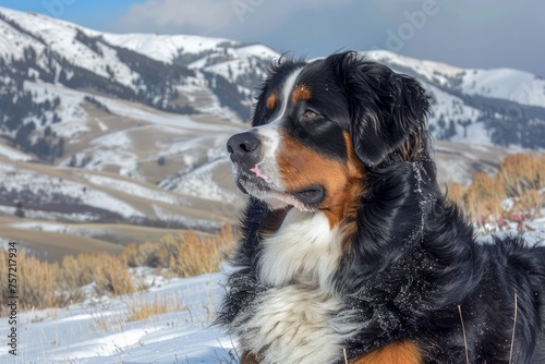 Majestic Bernese Mountain Dog Sitting in Snow with Scenic Snow-Capped Mountains in Background, Winter Pet Landscape