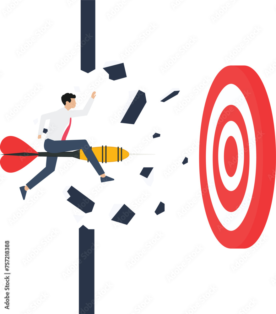 Achieving goals and success after obstacle breakthrough concept, businessman riding on arrow breakthrough wall to target
Achieving goals and success after obstacle breakthrough concept, businessman riding on arrow breakthrough wall to target