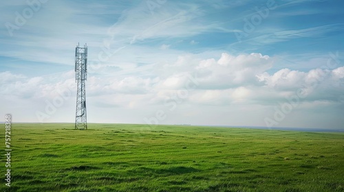 Signal tower for wireless connection in green meadow on a sunny day
