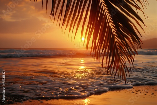 Golden sunset shines on the beach with palm leaves  concept of summer  vacation.