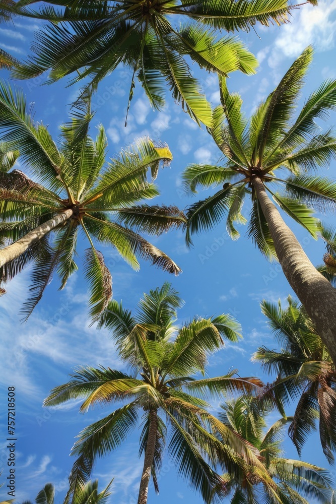 Top of coconut trees blue sky in the background, concept of summer, beach, vacation.