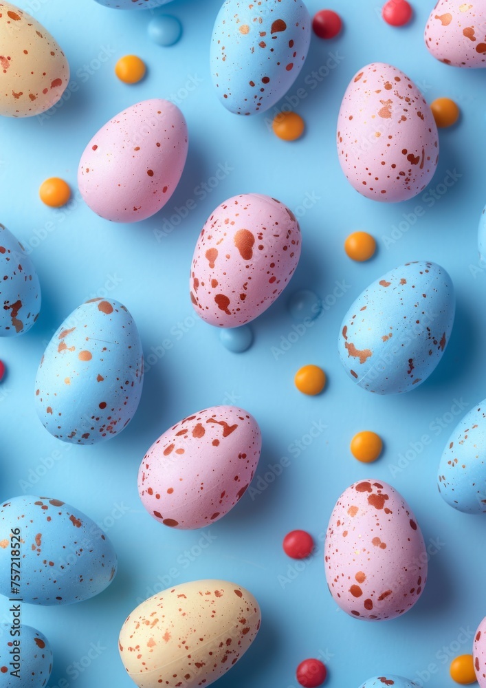 Easter, candy and confectionery on isolated on blue background. Happy Easter. Candy, chocolate, sweets.