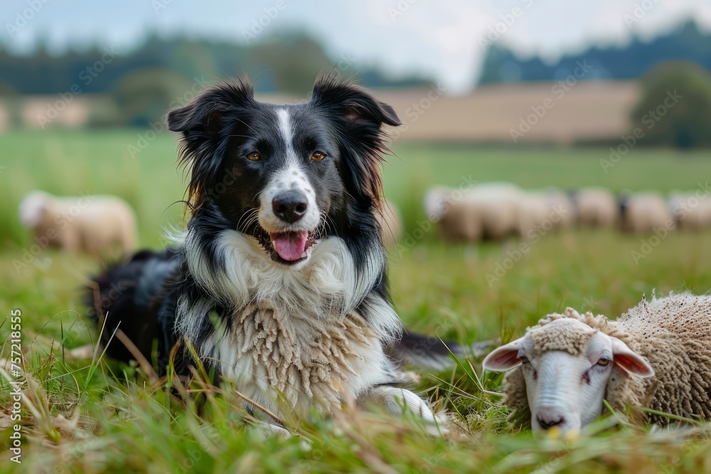 Border Collie Dog Relaxing with a Lamb on Fresh Green Pasture with Sheep Flock in Background