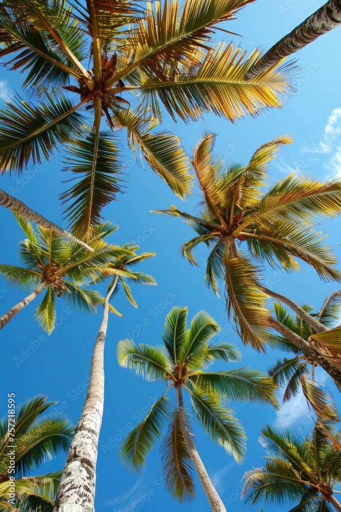 Top of coconut trees blue sky in the background, concept of summer, beach, vacation. Top of coconut trees blue sky in the background, concept of summer, beach, vacation.