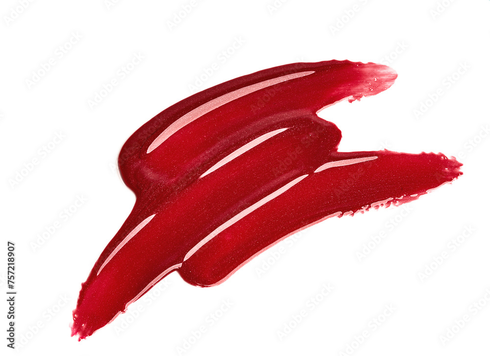 Lip gloss sample isolated on white. Smudged red lip gloss. Makeup product sample. Lip gloss sample isolated on white. Smudged red lip gloss. Makeup product sample.