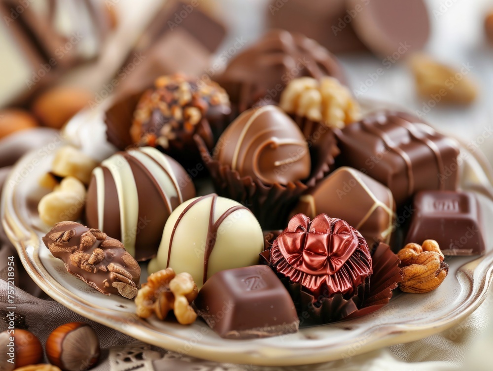 Various chocolate and nut candies on a dessert plate. Various chocolate and nut candies on a dessert plate.