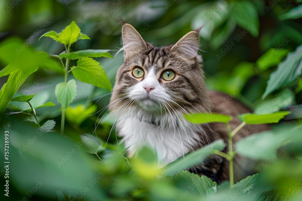 Majestic Domestic Long-Haired Cat Hiding in Lush Green Foliage, Focused Gaze with Vivid Natural Background Majestic Domestic Long-Haired Cat Hiding in Lush Green Foliage, Focused Gaze with Vivid Natural Background