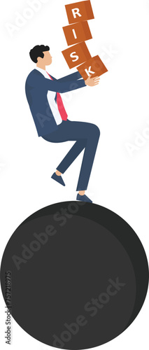 Risk for losing job concept, Businessman carrying risk blocks and balancing not to fail from walking on a ball

