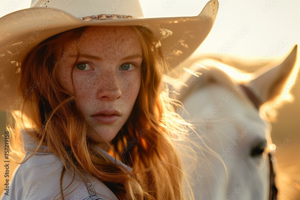 ginger hair cowgirl portrait with a white hat and cowboy clothes on a white horse, scenic