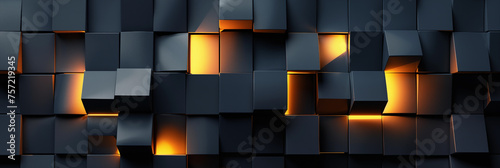 Series of blue blocks arranged in a pattern  with some blocks slightly protruding outwards. Warm  orange light emanates from the spaces between certain blocks