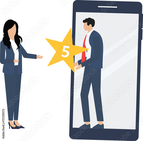Man giving online star rating with smartphone, customer review and feedback concept

