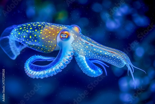 Vibrant Bioluminescent Squid Glowing Underwater with Intricate Skin Patterns in a Mystical Marine Scene © pisan