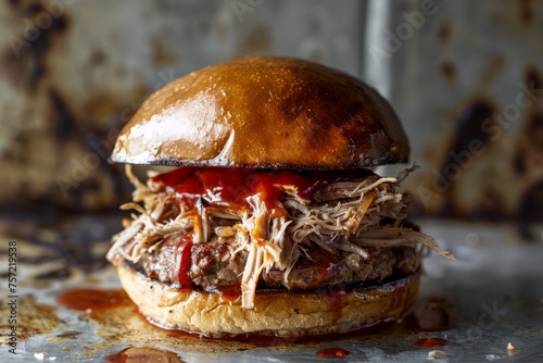 Delectable Close-Up of Pulled Pork Burger with Sauce Shine