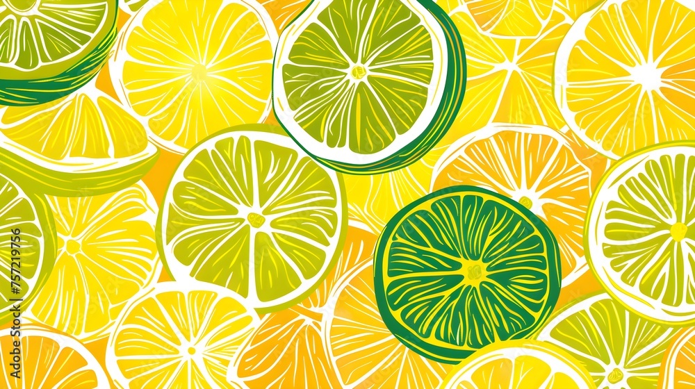 Juicy citrus fruits pattern with cartoon slices of lime, lemon and orange - wallpaper background Juicy citrus fruits pattern with cartoon slices of lime, lemon and orange - wallpaper background