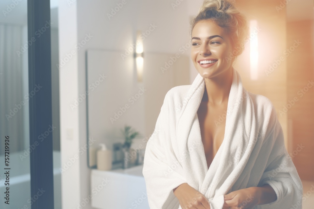 a hotel suite, as a young lady luxuriates in a soft bathrobe, emanating tranquility and relaxation amidst the lavish setting.