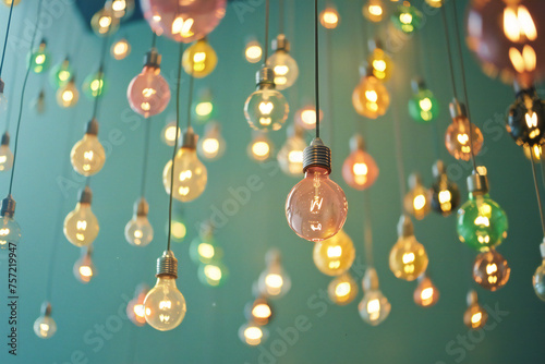 a bunch of light bulbs hanging from the ceiling, round retro bulbs. 
