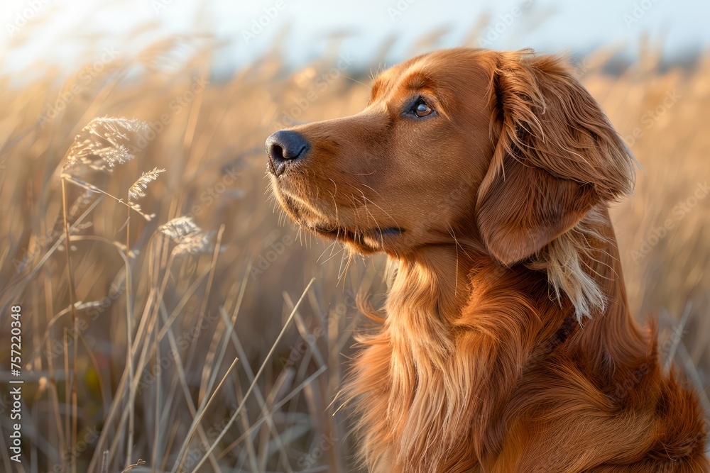 Golden Retriever Enjoying Sunset in Golden Wheat Field - Majestic Dog in Natural Landscape Golden Retriever Enjoying Sunset in Golden Wheat Field - Majestic Dog in Natural Landscape