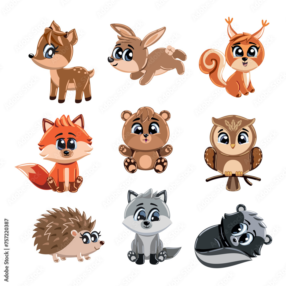 Fototapeta premium Woodland animals set isolated on white background.