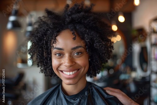 black A cheerful woman customer in a hair salon cape, hands gently touching her full afro, embodies the joy of a fresh hairstyle in a modern salon setting